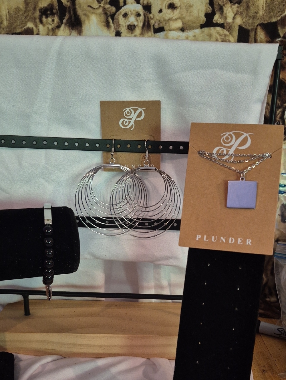 Silver Multi-Hoop Earrings and Silver Pendant Necklace Set With Black Bracelet